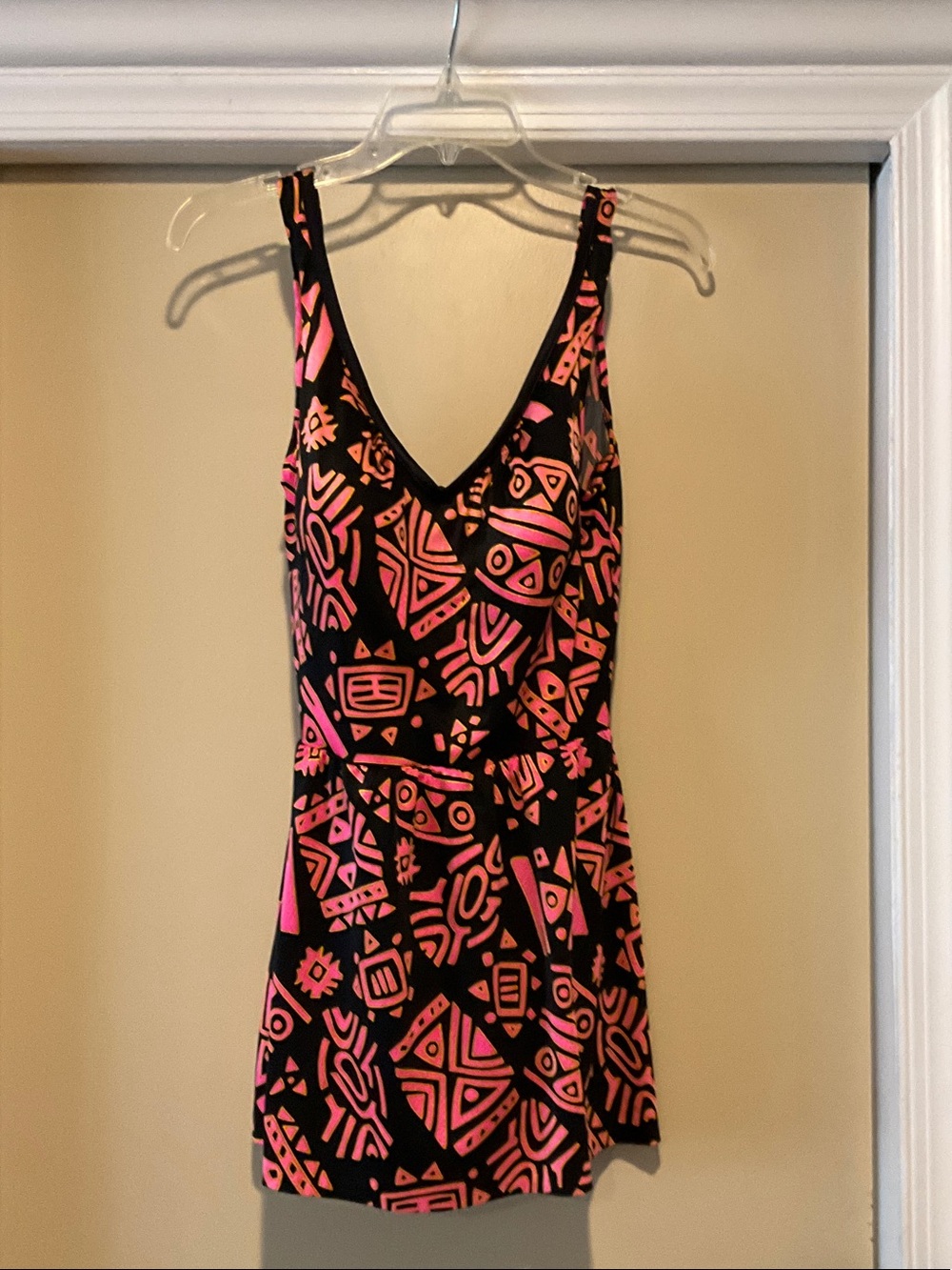 Black Swim Dress with Pink Geometric Tribal Print 16